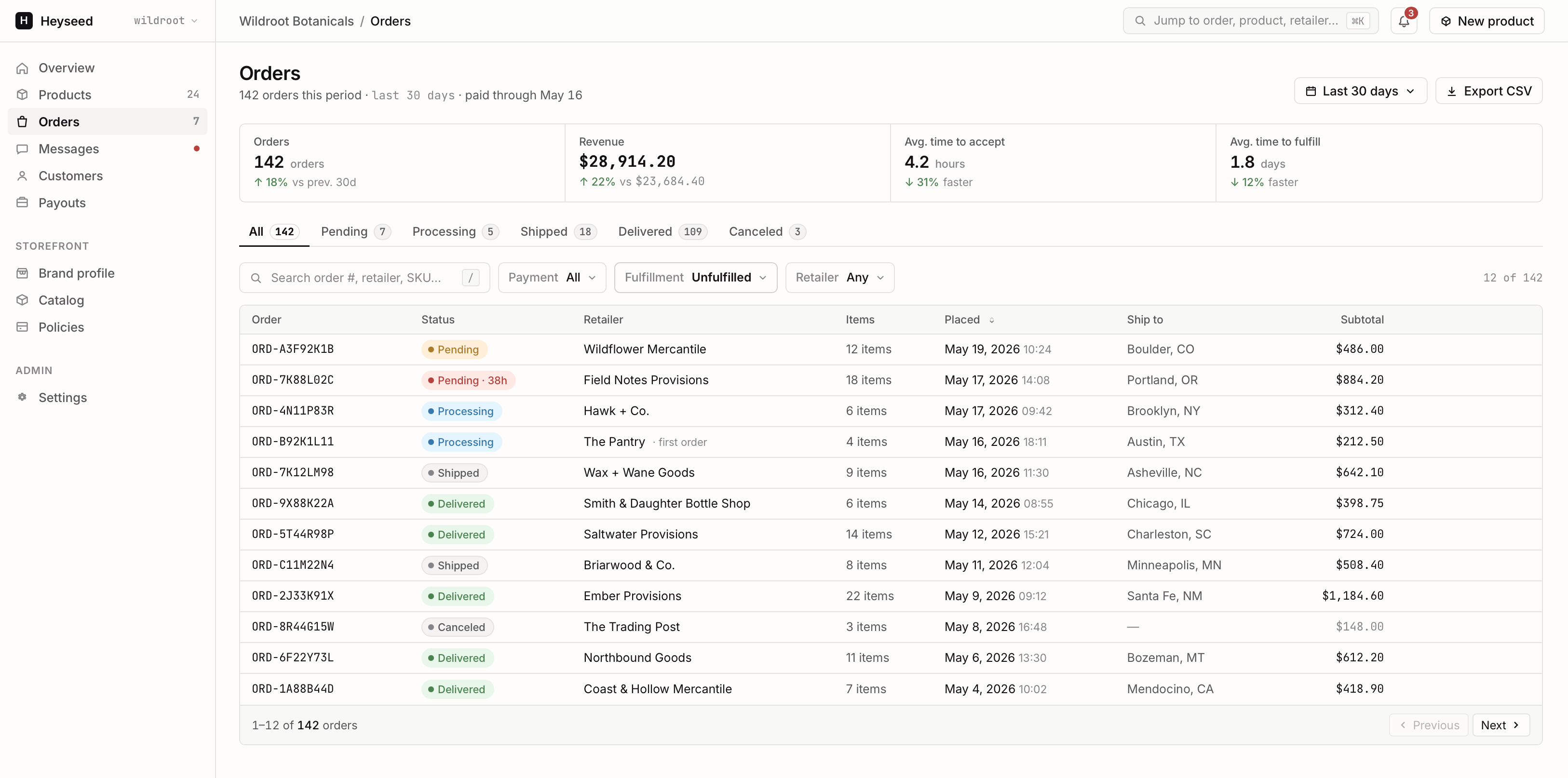 Heyseed brand orders dashboard for Wildroot Botanicals